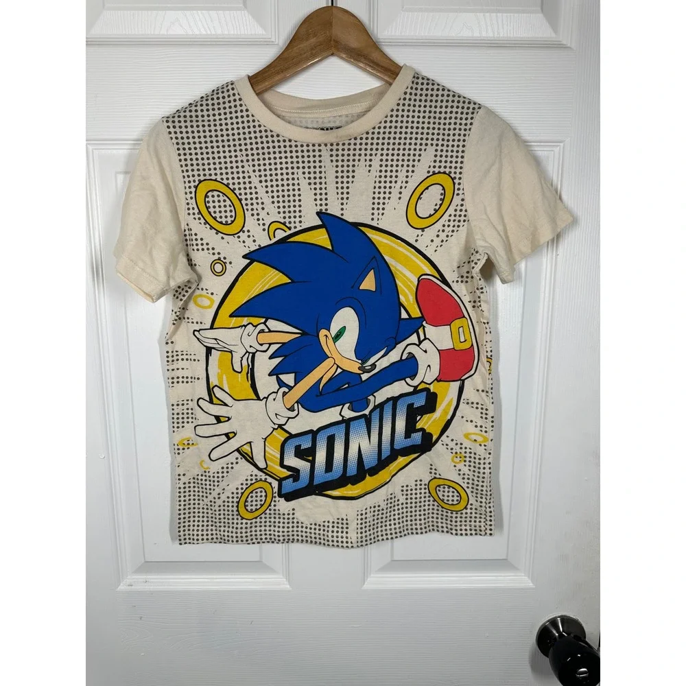 Sonic The Hedgehog T-Shirt Kids 14/16 Cream Shadow Graphic Tee Sega Halftone Dot